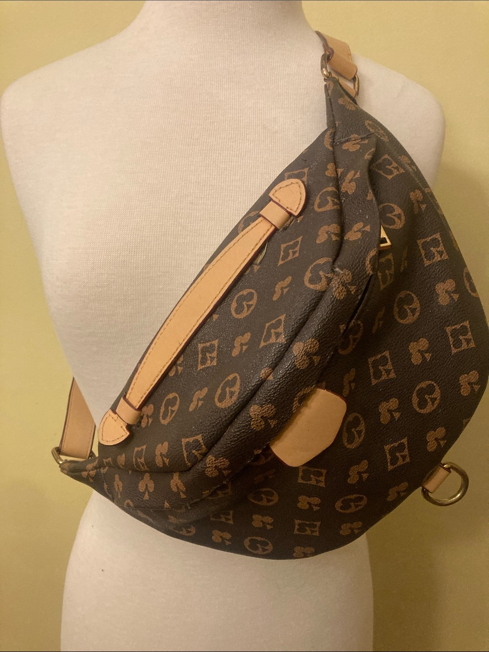 Brown Monogram Canvas Crossbody Sling Bag with Tan Trim